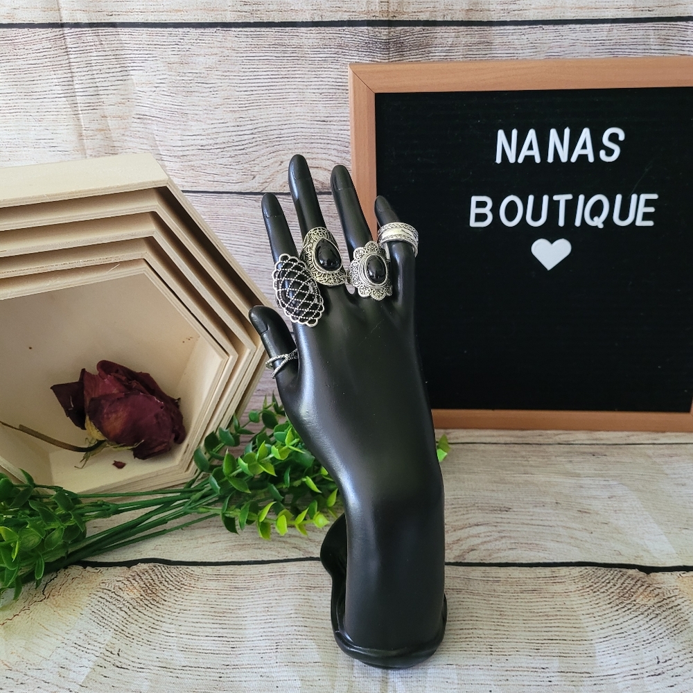 5 piece Boho Antiqued Silver Black Stone Ring✨️ - Picture 8 of 8